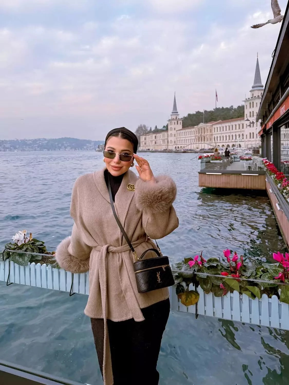 Beige Fur Cuff Belted Coatπ€