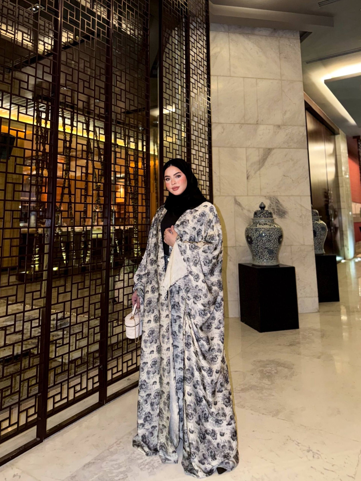 Printed Satin Silk Abaya🩶