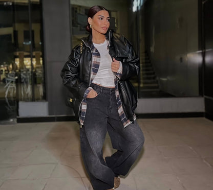 Funnel Neck Leather Jacket 🖤