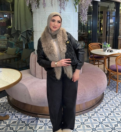 NOIR FUR COLLAR LEATHER JACKET