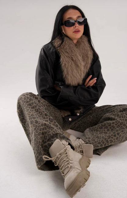 NOIR FUR COLLAR LEATHER JACKET