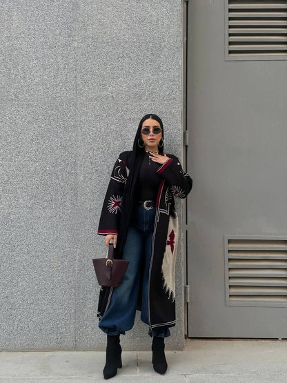 Embroidered Long Knit Cardigan