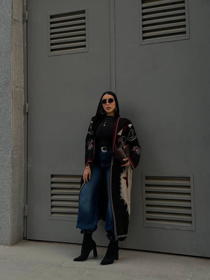 Embroidered Long Knit Cardigan