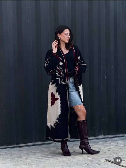 Embroidered Long Knit Cardigan