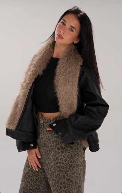 NOIR FUR COLLAR LEATHER JACKET