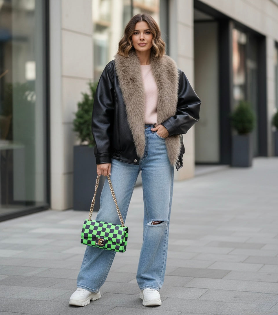 NOIR FUR COLLAR LEATHER JACKET