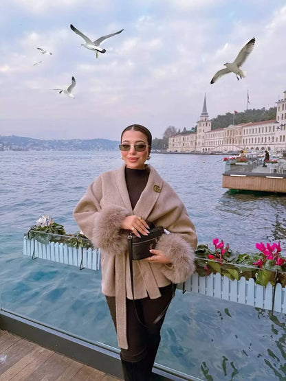 Beige Fur Cuff Belted Coat🤎