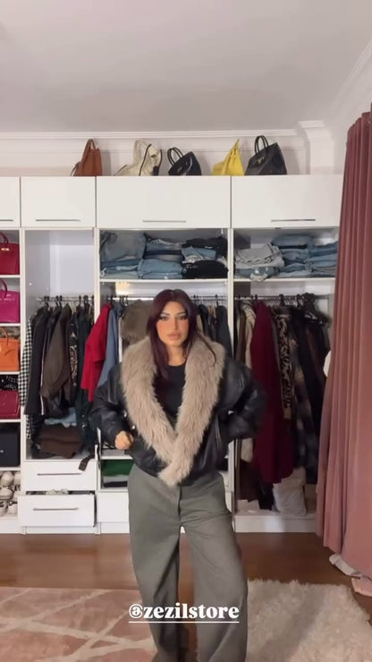 NOIR FUR COLLAR LEATHER JACKET